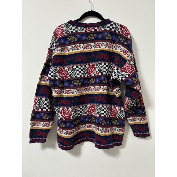 80's Vintage 3D Knit Floral Rose Sweater Size Large Cotton Grandma Cottage - Picture 5 of 9